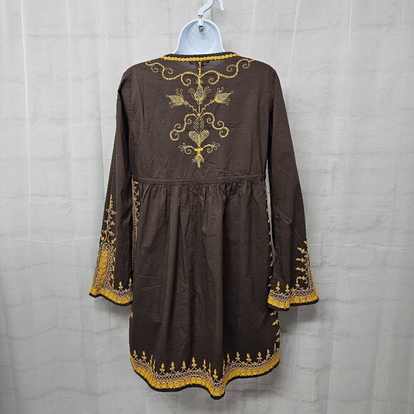 Lucky Brand Brown Mustard Embroidered Boho Dress Peasant Hippie Festival S - Picture 8 of 12